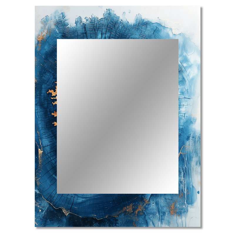 Gold Blue Aqua Wood Slice Reverie II - Tree Mirror, Modern Unique Wall Mirror, Printed Metal Art, 40" x 30"