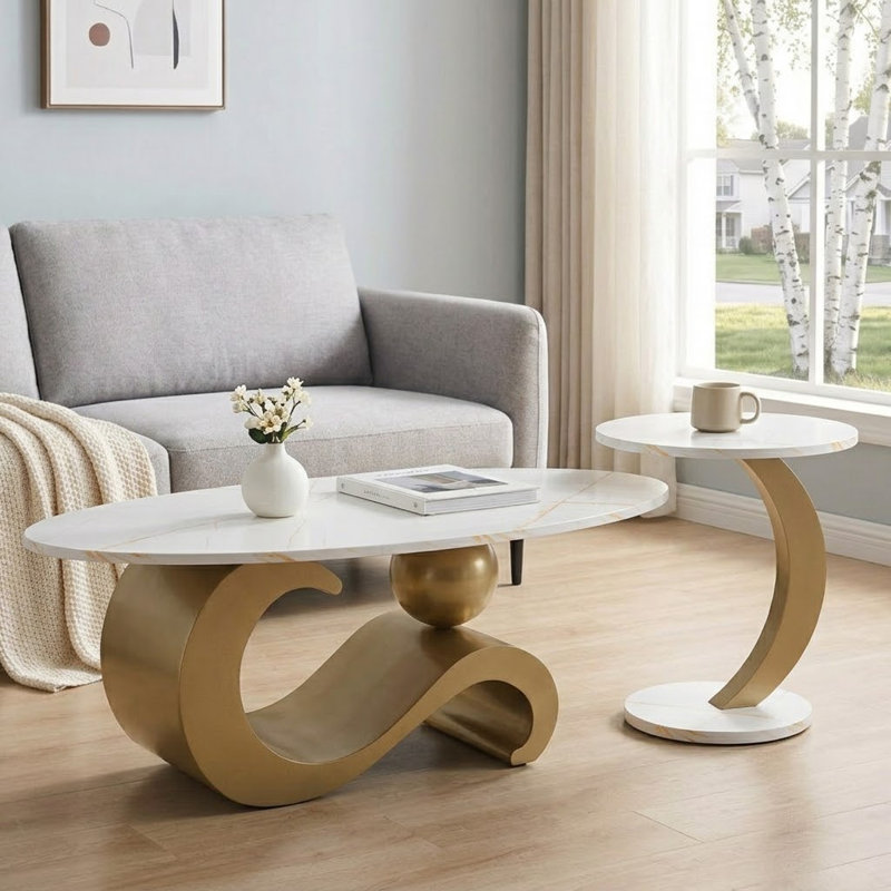 Modern style Nesting Coffee Table Set of 2 with metal base for bedroom living room, White Top/ Gold Base