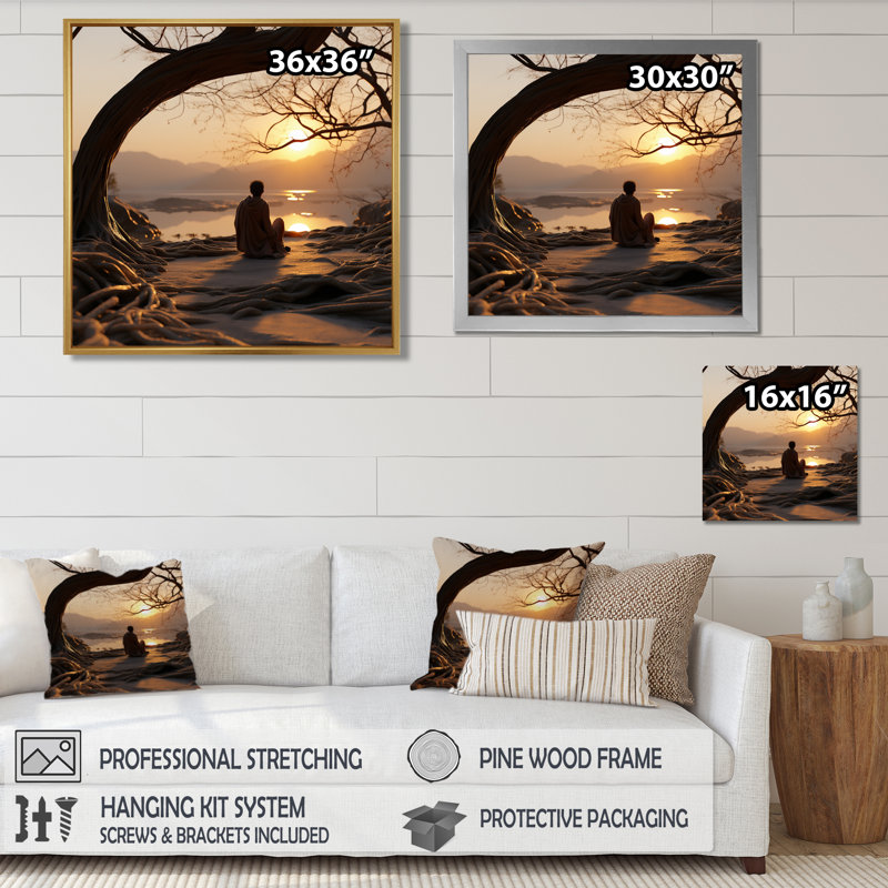 «Meditating By The Sunset River», art mural paysage religieux, Toile encadrée flottée blanche, H 16 po x l 16 po x P 1 po