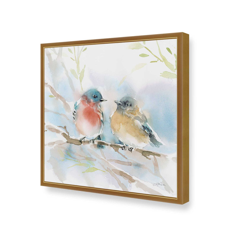 «Bluebird pair in Spring» par Katrina Pete - reproduction d'art sur toile tendue, H 20 po x l 20 po, Doré