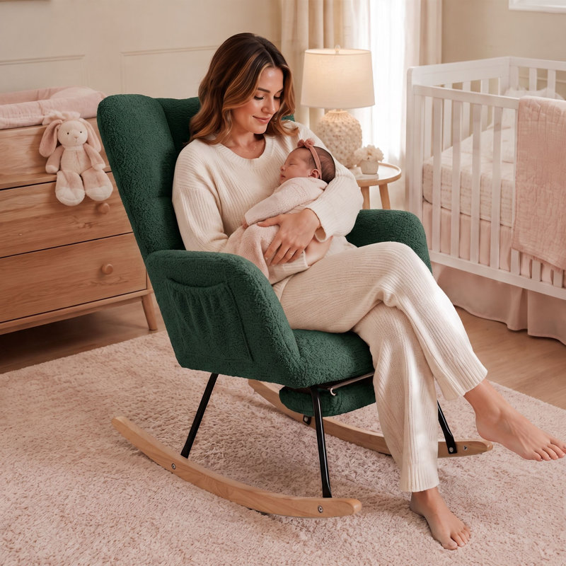Chaise berçante moderne en sherpa avec repose-pieds rétractable et dossier haut, Vert émeraude