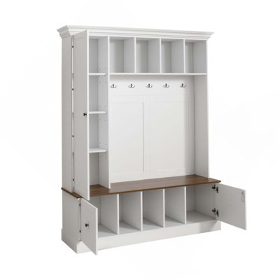 Farmhouse Hall Tree with Shoe Storage Bench, Coat Rack with 5 Hooks, Adjustable Shelf Cabinet with Drawers for Hallway, Entryway, Living Room