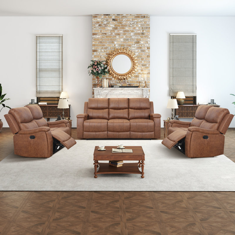 Ensemble de salon inclinable 3 pièces avec causeuse double et canapé 3 places, porte-gobelets, Cognac