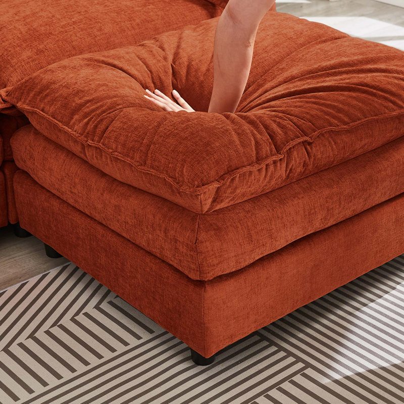Modular Chenille Sectional Sofa with Ottoman, Dark Orange Chenille, Right Hand Facing