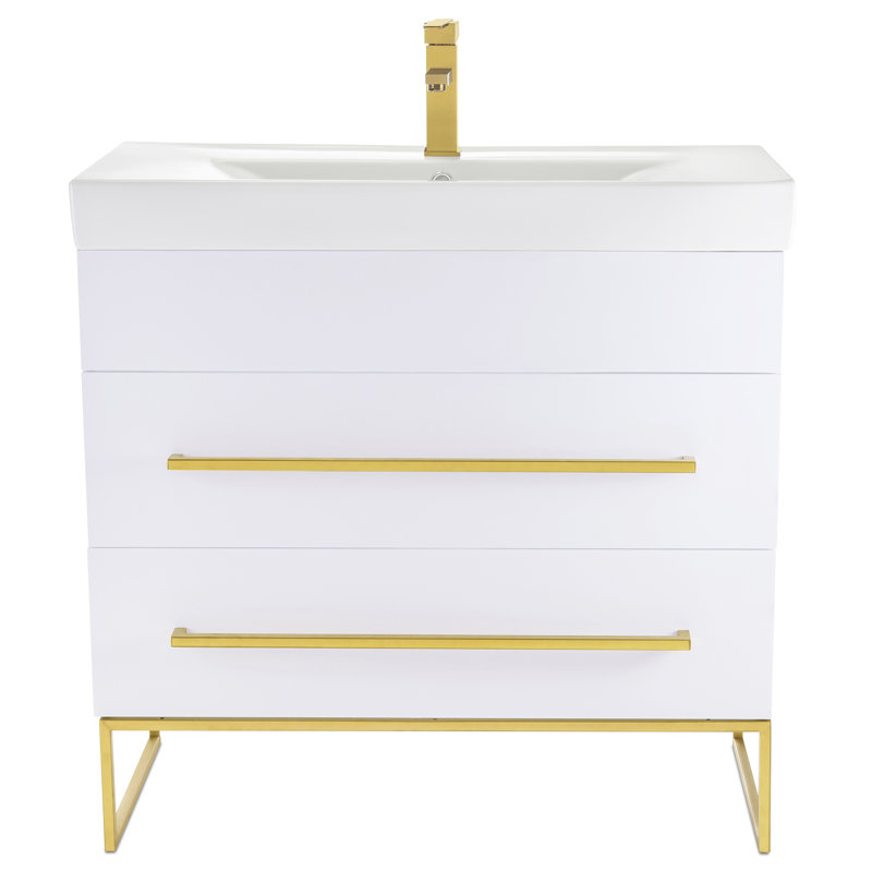 Taft Avenue 36'' Single Bathroom Vanity with Ceramic Top, White, Satin Brass