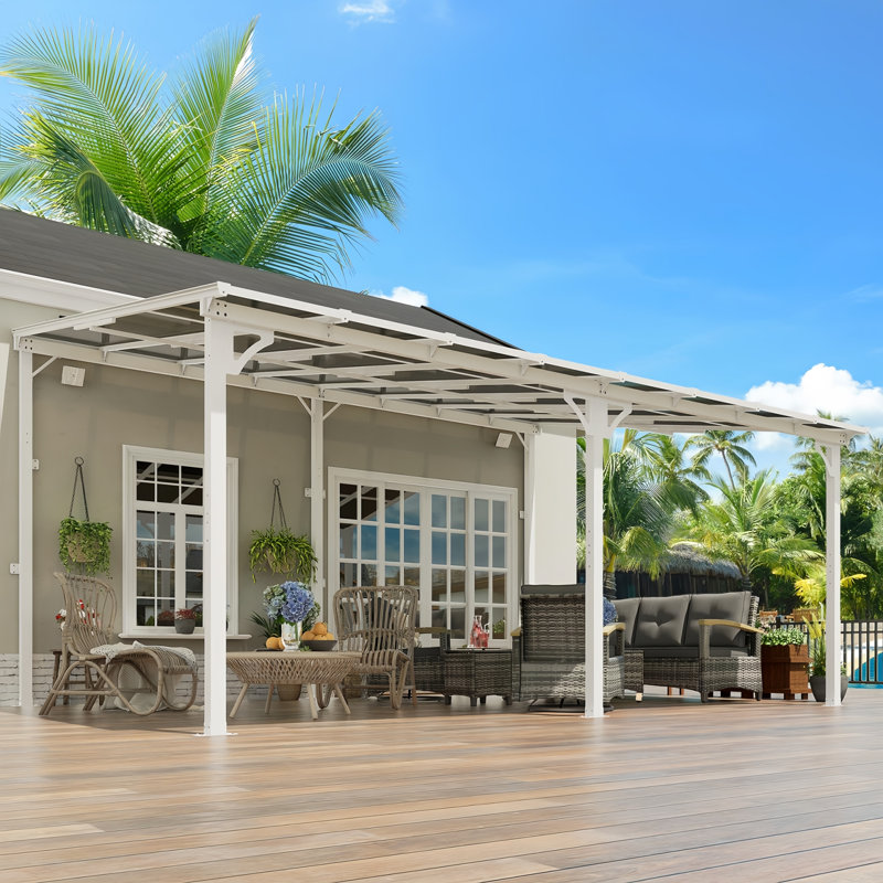 Yardgrace Sloped Roof Wall Mounted Aluminum Pergola With Solar Light, 96" H x 192" W x 144" D