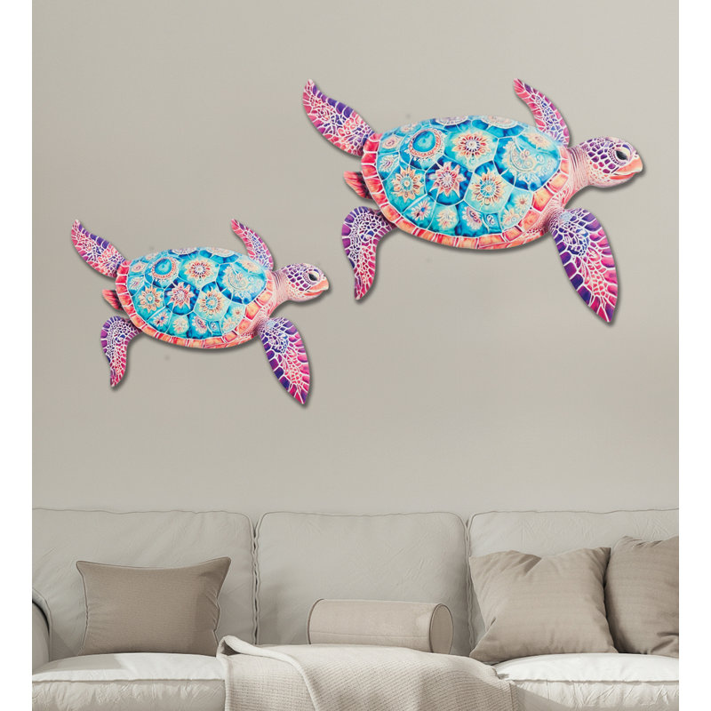 19 Inch Coastal Sea Turtle Metal Indoor Outdoor Wall Decor Set of 2 - Purple, Purple