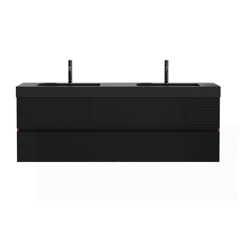 Meuble-lavabo de 60 po en noyer Grace avec lavabo en quartz noir mat et tiroirs noirs doux, meuble-lavabo mural flottant, sans drain ni robinet, pré-assemblé