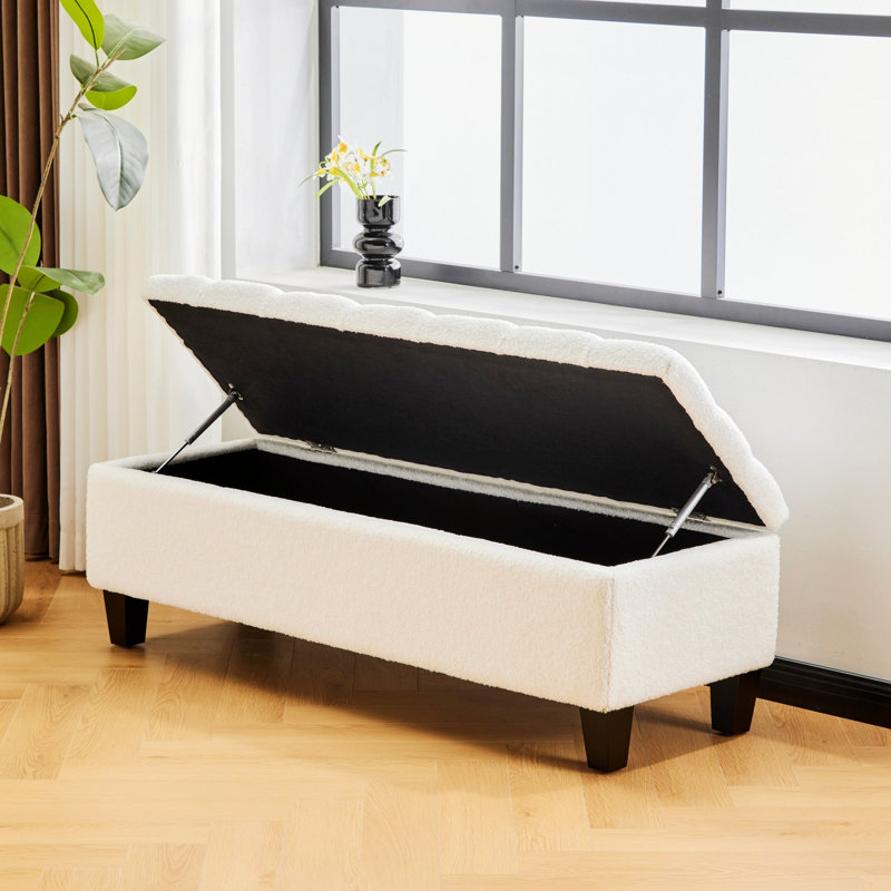 Upholstered Bench With Storage With Rubber Wood Legs, Beige