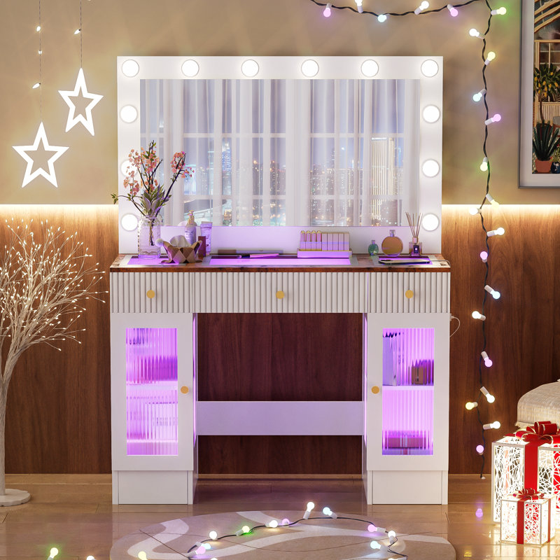 Meuble-lavabo de 43,3 po avec grand miroir et ampoules Hollywood