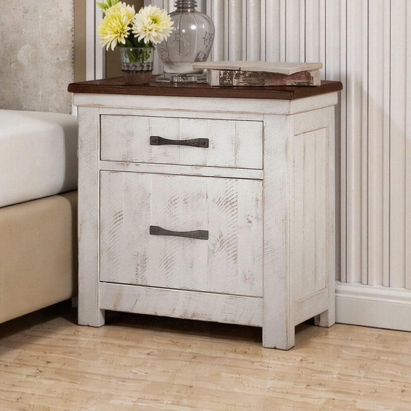 24" Plank Design Nightstand - Distressed White & Walnut with Brass Arch Pulls