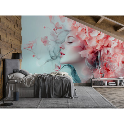 Cherry Blossom Hair Woman Wallpaper – Romantic Floral Beauty Art With Petals, Flowers And Soft Light For Bedroom, Salon, Spa, Feminine Wall Decor