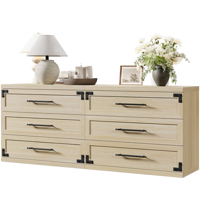 3-Drawer Industrial Wood Nightstand with Metal Handles, Sand Beige