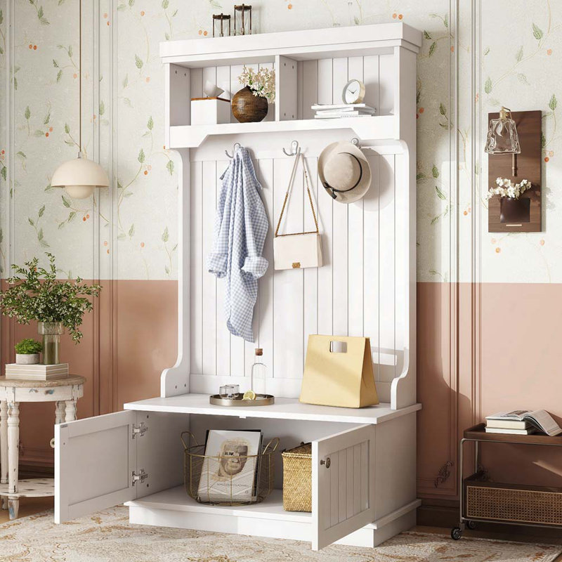 Hall Tree With Storage Cabinets, Display Shelves, Hooks And Shoe Bench, White