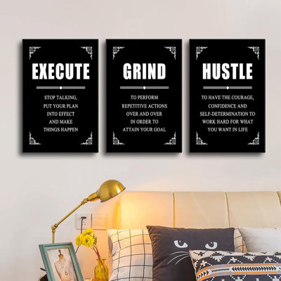 Execute Grind Hustle Inspirational Canvas Wall Art Entrepreneur Positive Quotes Poster Print Motivational Office Wall Decor Suitable For Bedroom Gym Living Room Stretched And Framed