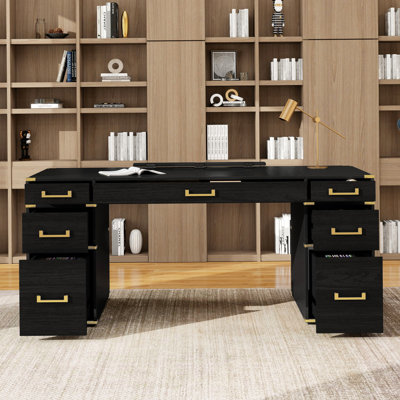 Très grand bureau de direction classique et traditionnel de 70 po avec bordure en métal, bureau d'écriture avec 2 tiroirs classeurs, ports et prises USB, bureau avec compartiment caché pour le salon, le bureau personnel, la salle d'étude,