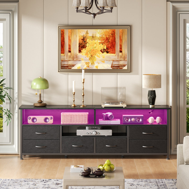 TV Stand Dresser Media Console with LED Lights & Charging Station, 6 Fabric Drawers Entertainment Center for TVs, Black, 63"