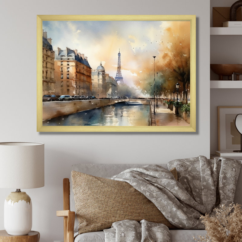 «Beautiful Pastel Paris Scenery», art mural sur toile Paris, Cadre doré, H 34 po x l 44 po x P 1,5 po