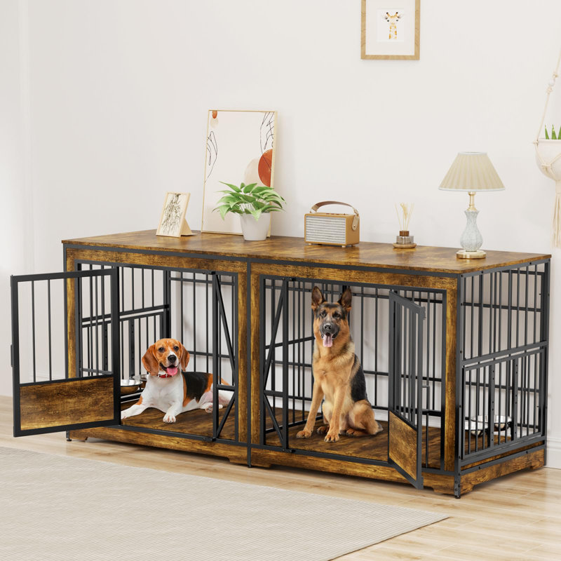 Meuble double 70 po pour chien avec cage réglable 70,8 po