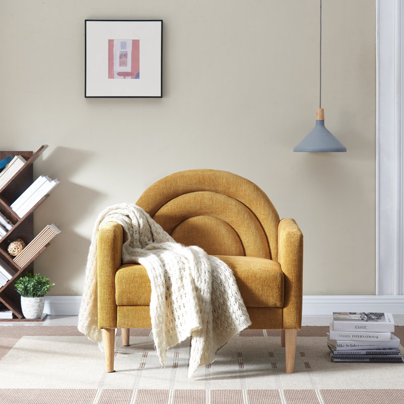 Chaise d'appoint rembourrée en lin avec dossier d'inspiration arc-en-ciel et pieds en bois, jaune, Jaune
