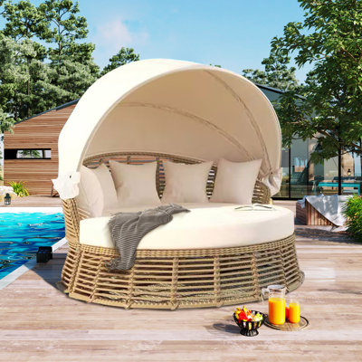 Rapture Round Rattan Outdoor Patio Daybed With Retractable Canopy And Removable Cushions