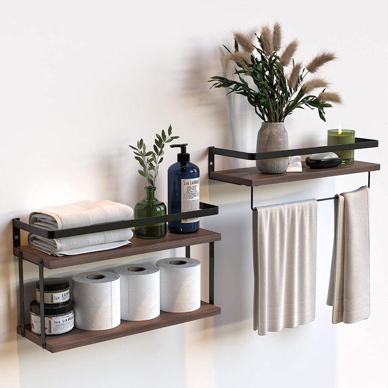 Purefoy 3 Piece Floating Shelf with Towel Bar, Rustic Brown