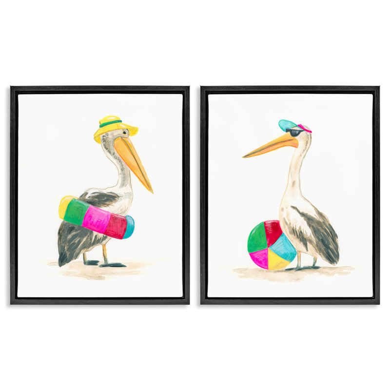 «Pelicans & Beach Floats», ensemble de 2 toiles flottantes encadrées par June Erica Vess, Cadre flottant noir de jais