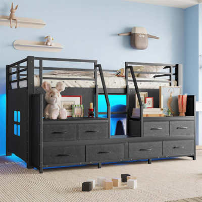 Lit simple mezzanine bas avec espaces de rangement multiples, tiroirs en tissu non tissé, tablettes et lumières intégrées, idéal pour les petites pièces et les enfants (sans matelas)