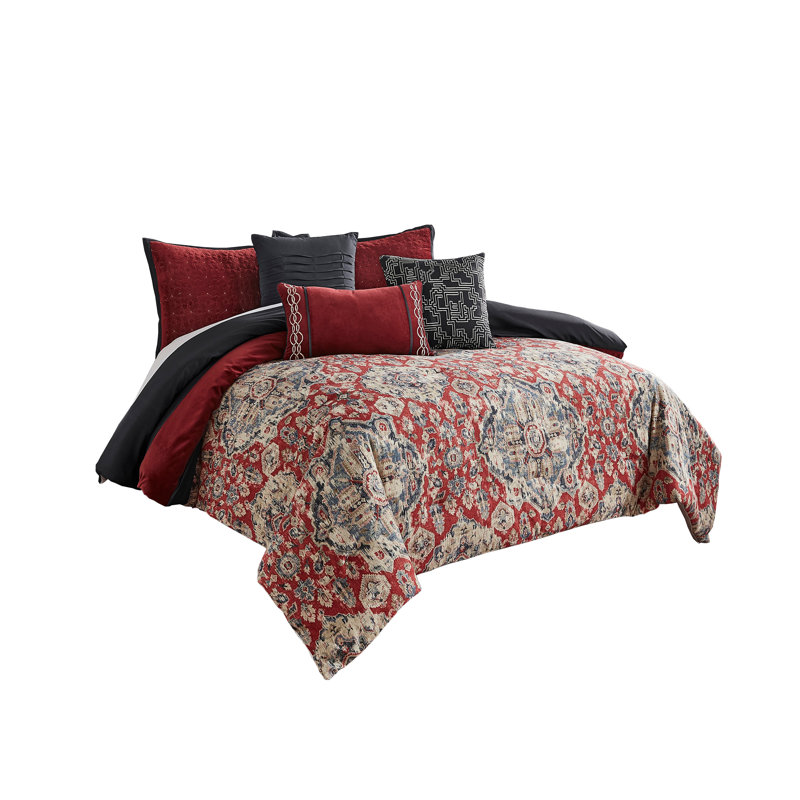  Red/Gray Microfiber Comforter Set, King Comforter + 9 Additional Pieces