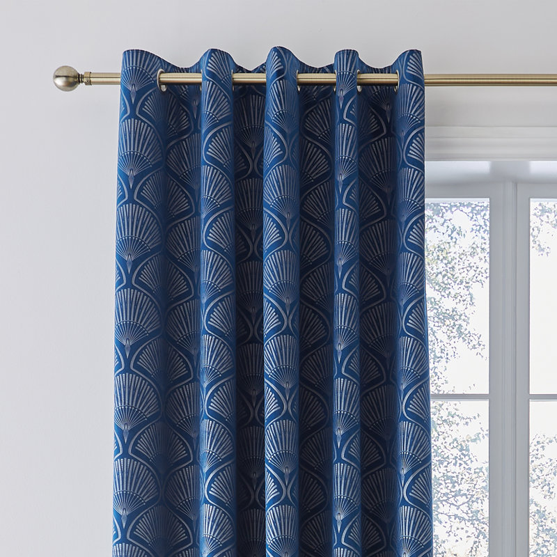 Art Deco Pearl Lined Eylet Curtains, Width 168 x Drop 183cm, Navy Blue