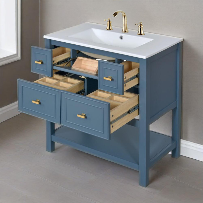 Ensemble de meuble-lavabo 30 po avec évier en céramique, 5 tiroirs, structure en bois massif , Bleu