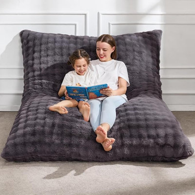 3-in-1 Convertible Giant Compression Bean Bag Chair for Adults, Chevron Plush Fur Washable Cover, Multi-use Floor Cushion Lounger Lazy Sofa Mat Bed,Bubble Dark Grey