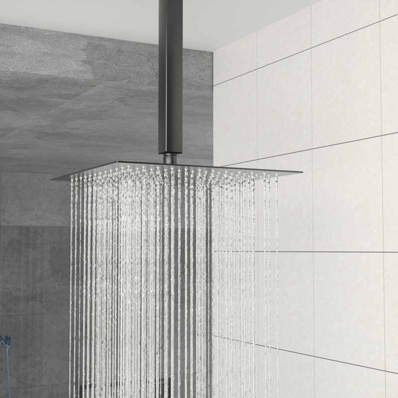 Fixation au plafond, carré de 10 pouces, pomme de douche double, noir mat, protection contre les brûlures, douche de pluie, tête réglable à 360 °, fonction, réglable, pluie, tous les composants
