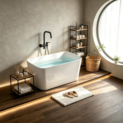 Baignoire autoportante de 124 cm (49 po) en acrylique avec trop-plein et bonde rétractable assorti en argent brossé, blanc lustré