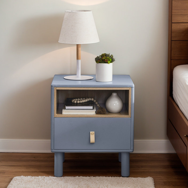 Modern Single Drawer Wood Bedside Table, Compact Nightstand, Nordic Style with Storage, Blue