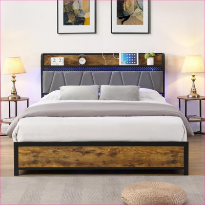 Très grande base de lit plateforme en bois d'ingénierie avec lumières DEL et 4 tiroirs brun gris pour la chambre principale