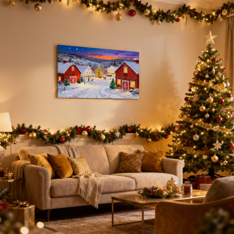 «Christmas Christmas Village Snowy Evening Scene», ensemble de 3 impressions sur toile, H 12 po x l 18 po
