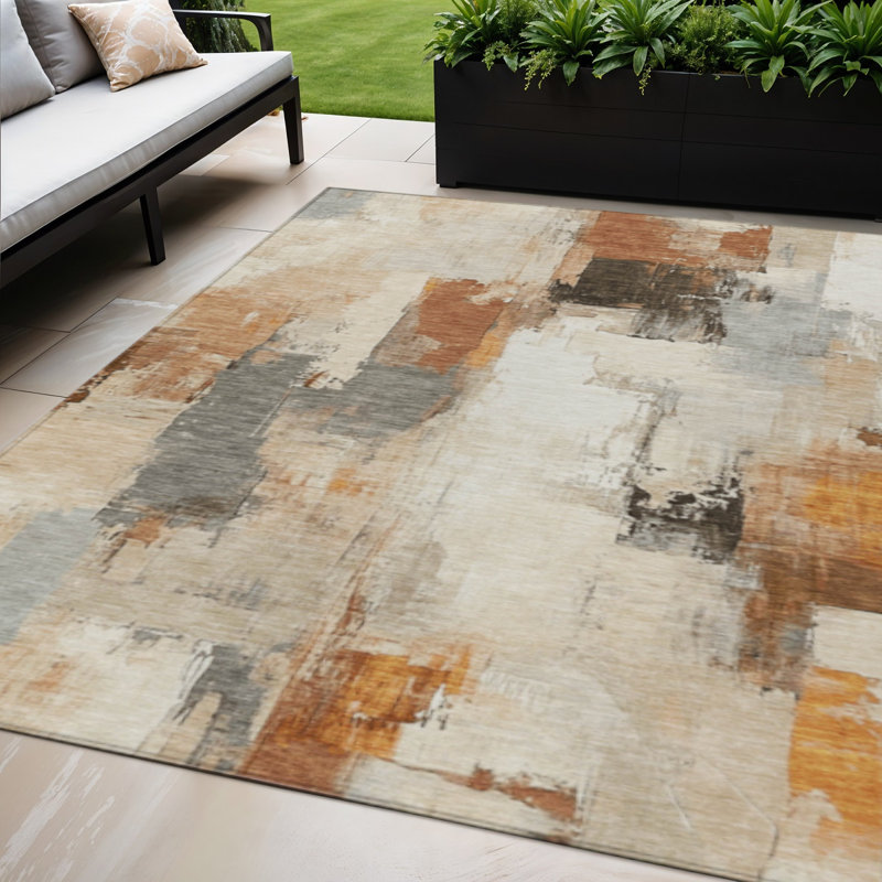 Tapis extérieur lavable abstrait ivoire et rouille 5 pi x 8 pi