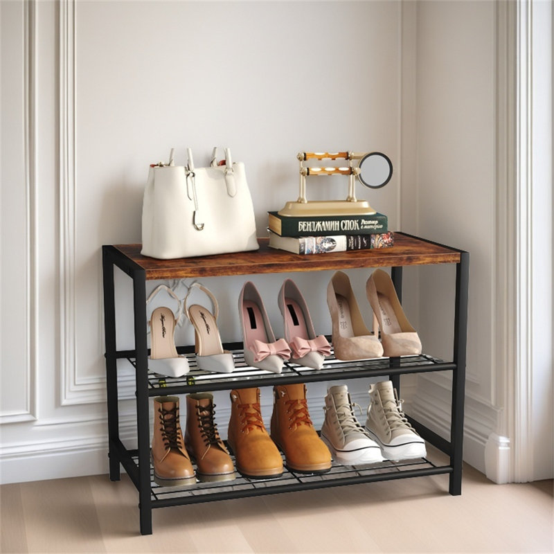Range-chaussures, range-chaussures à 3 couches pour l'entrée de garde-robe, range-chaussures étroit et mince en métal avec toit en bois industriel
