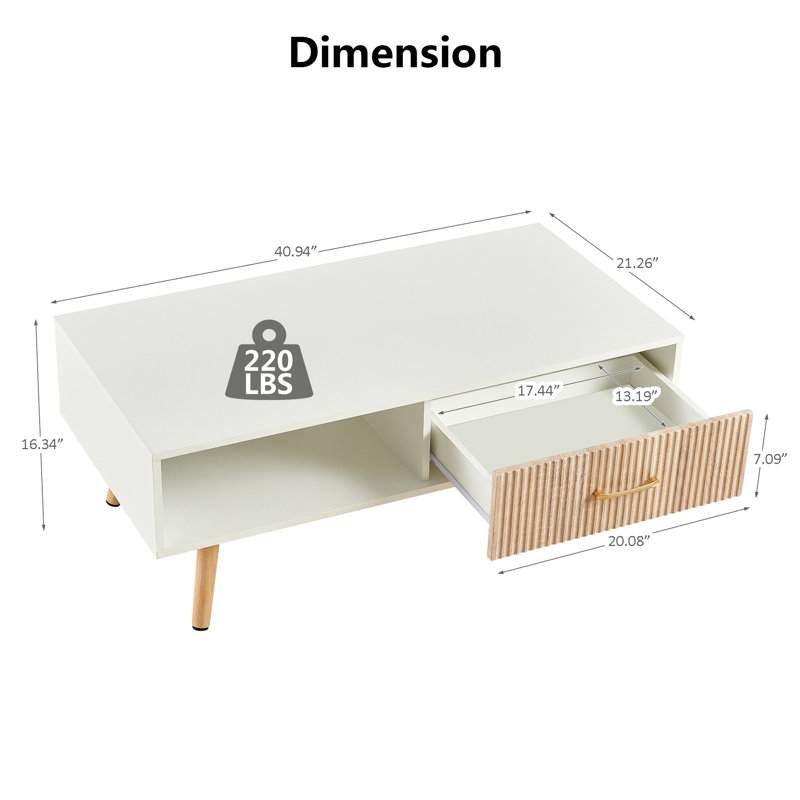 Boho Rectangle Coffee Table with Solid Wood Legs & Sliding Storage Drawer, Modern Living Room or Office Center Table