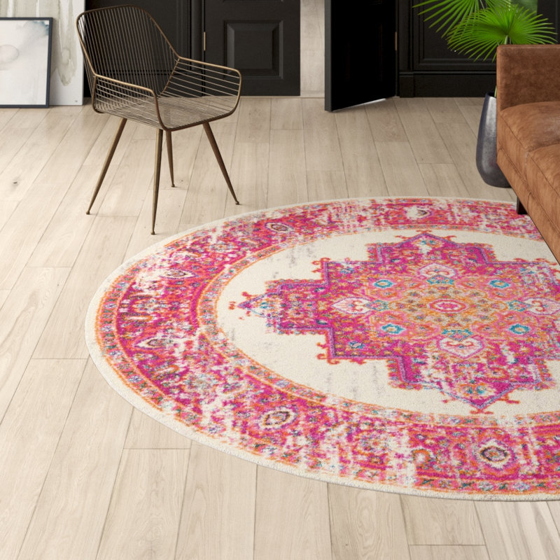 Abbate Oriental Ivory/Pink Indoor Area Rug, Round 8'