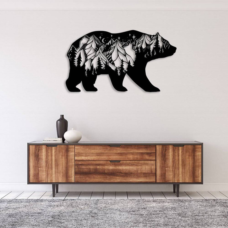 Ours en métal, art mural montagne, faune, paysage, silhouette - ours en silhouette, Noir, H 23 po x l 48 po x P 0,12 po