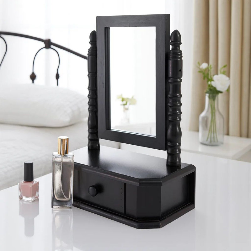 Miroir de table traditionnel en bois avec 1 tiroir LePage, noir et argent