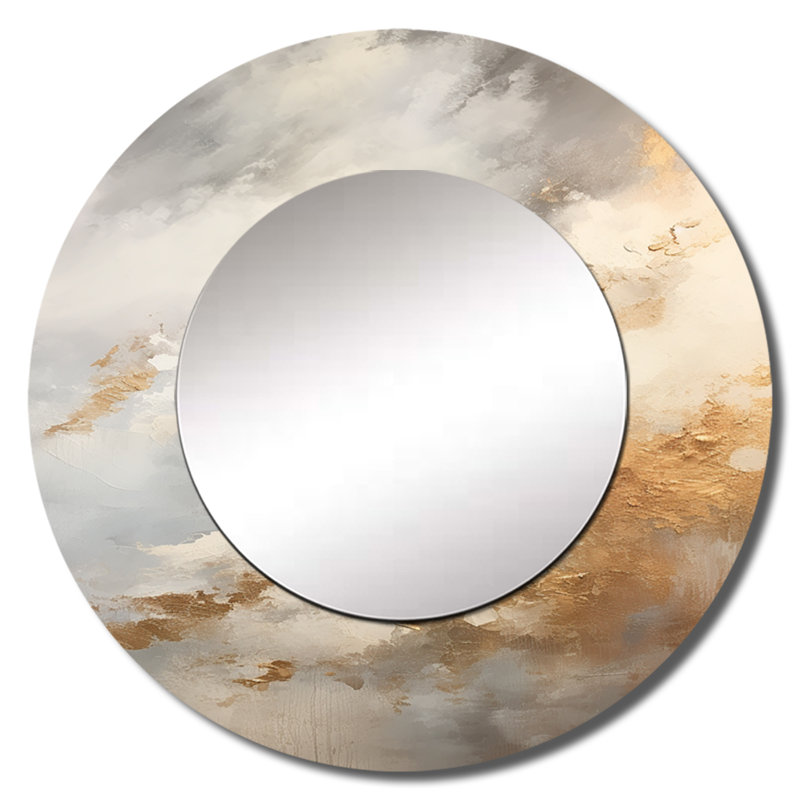 Selestina Beige And Gold Minimalism Storms II - Storms Decorative Mirror, Beige Round Wall Mirror, Printed Metal Art