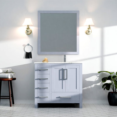 Meuble-lavabo de salle de bain 36 po X P 22 po D, dessus en quartz décalé à droite, ensemble de robinet et Miroirs