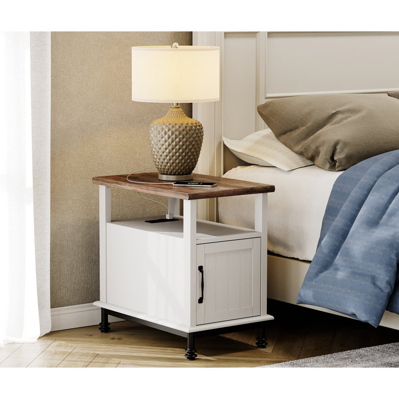 Modern End Tables With Charging Station, Individual, White/Brown