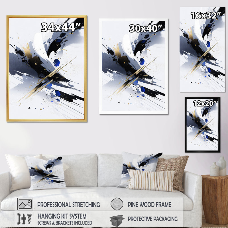 Symphonie cubiste noire et bleue sur toile, Encadrement doré, H 40 po x l 30 po x P 1,5 po