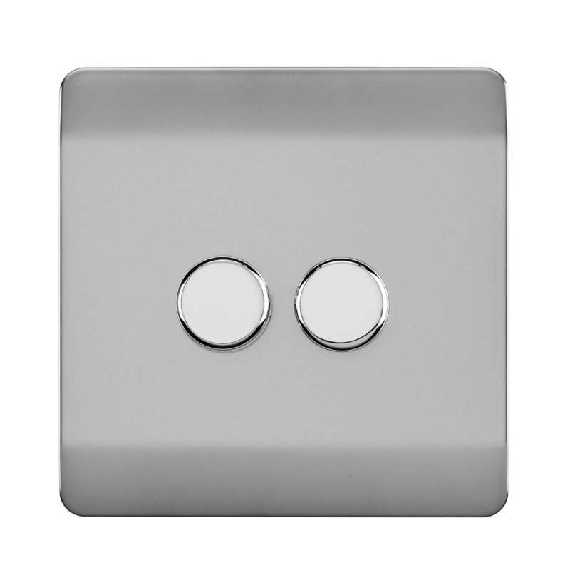 Trendi Switch 2 Gang 1 or 2 way 100w Rotary LED Dimmer Light Switch, Steel