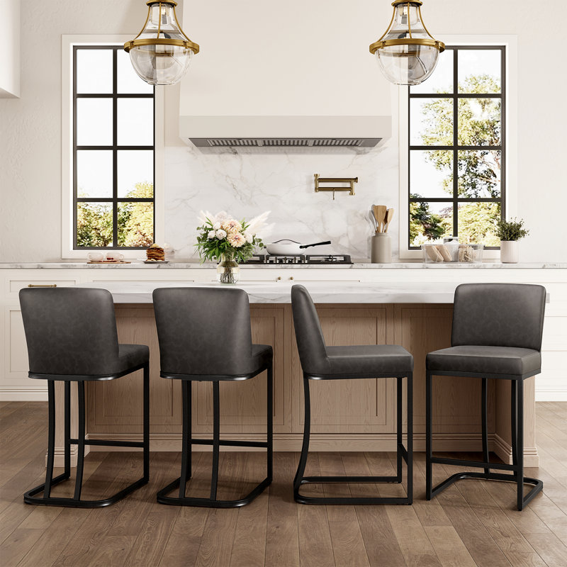 Kunkel 24" Modern Kitchen Counter Stool with Faux Leather Padded Seat and Metal Frame, Gray, Black