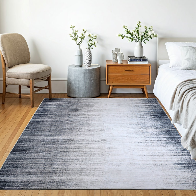 Winston Porter Grey/Soft White Machine Washable Area Rug – Non-Slip, Stain Resistant, GRS Certified, for Bedroom, Living & Dining
